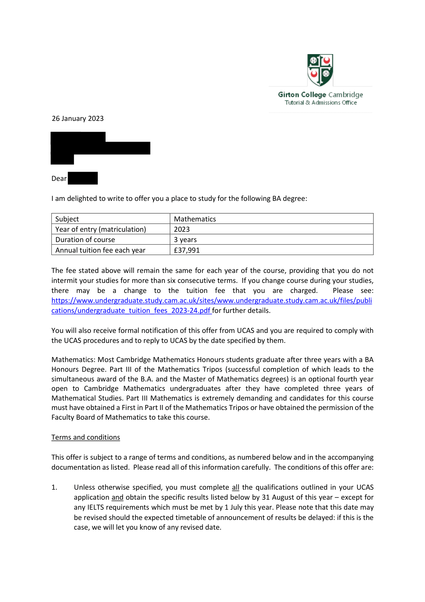 Conditional offer of admission, University of Cambridge, Mathematics, BA, January 2023. Personal details redacted.