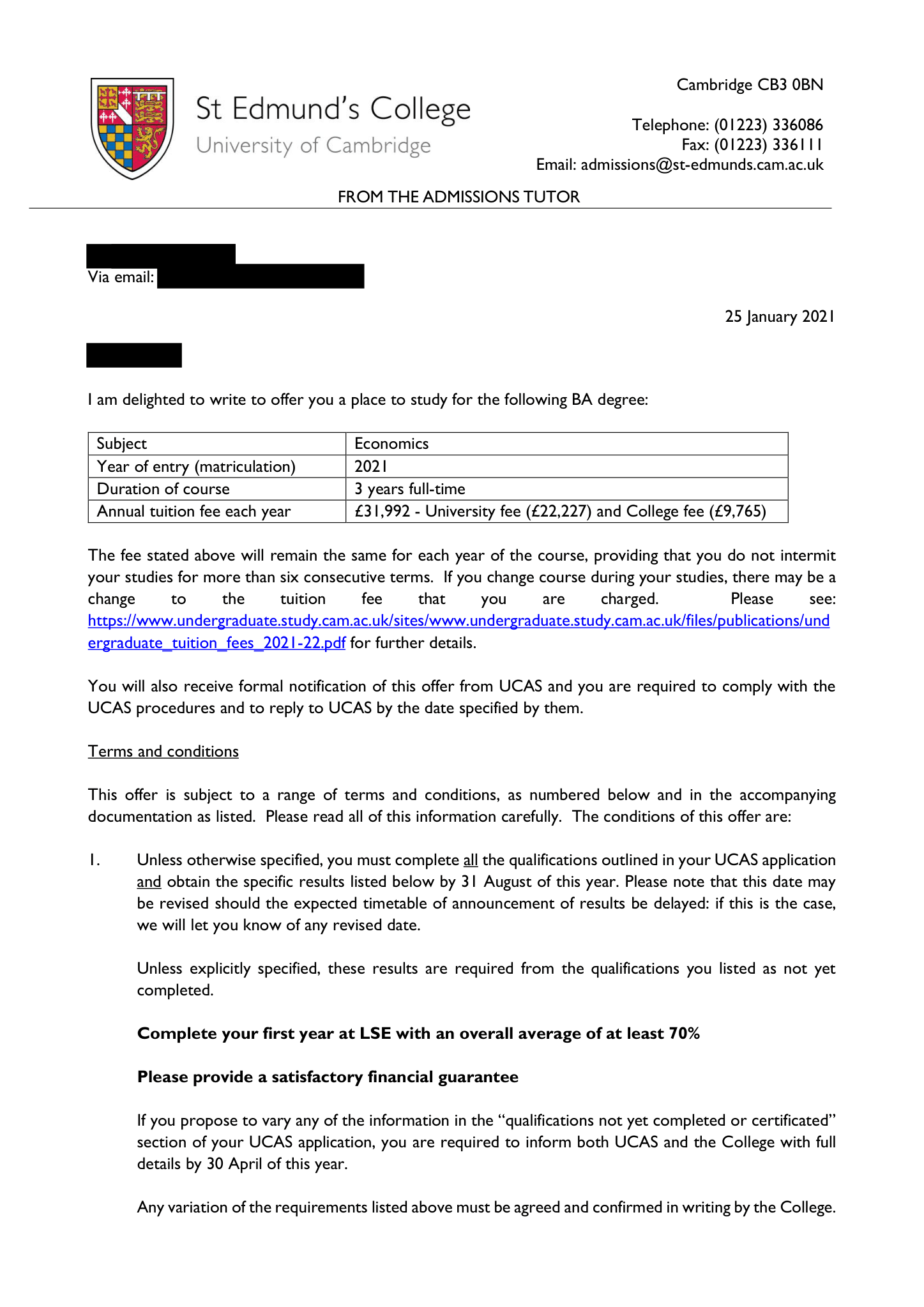 Conditional offer of admission, University of Cambridge, Economics, BA, January 2021. Personal details redacted.