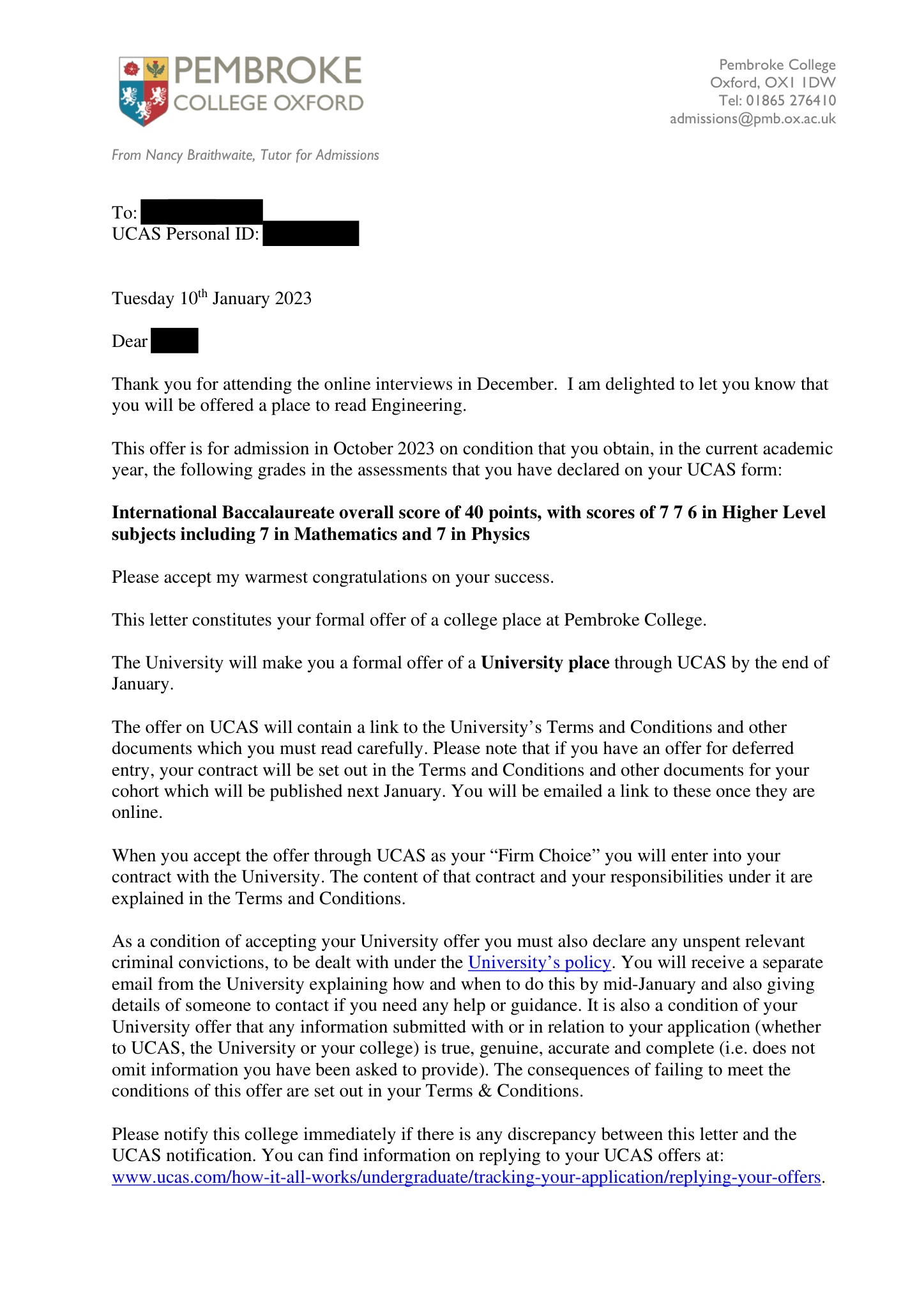 Conditional offer of admission, University of Oxford, Engineering, BA, January 2023. Personal details redacted.