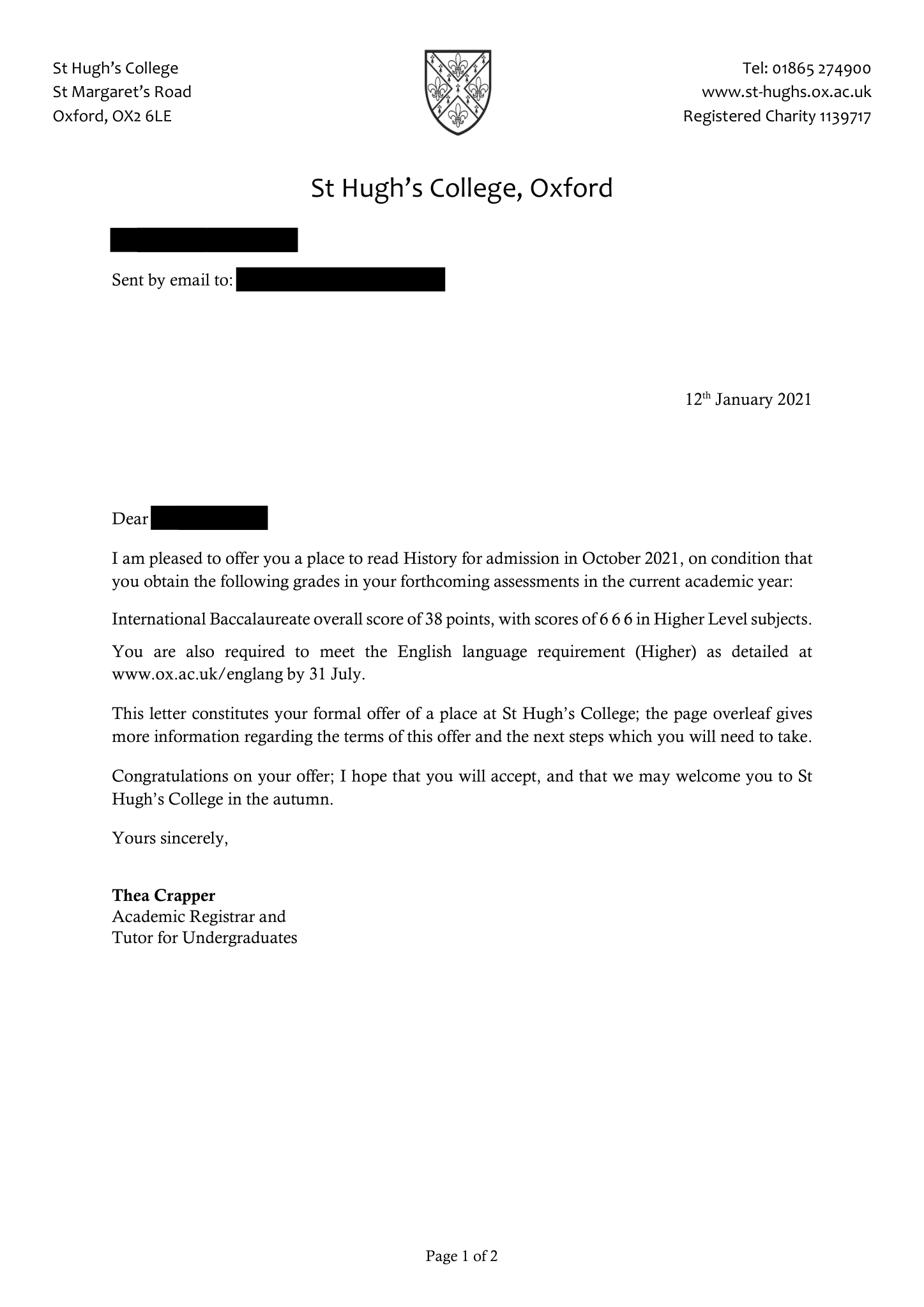 Conditional offer of admission, University of Oxford, History, BA, January 2021. Personal details redacted.