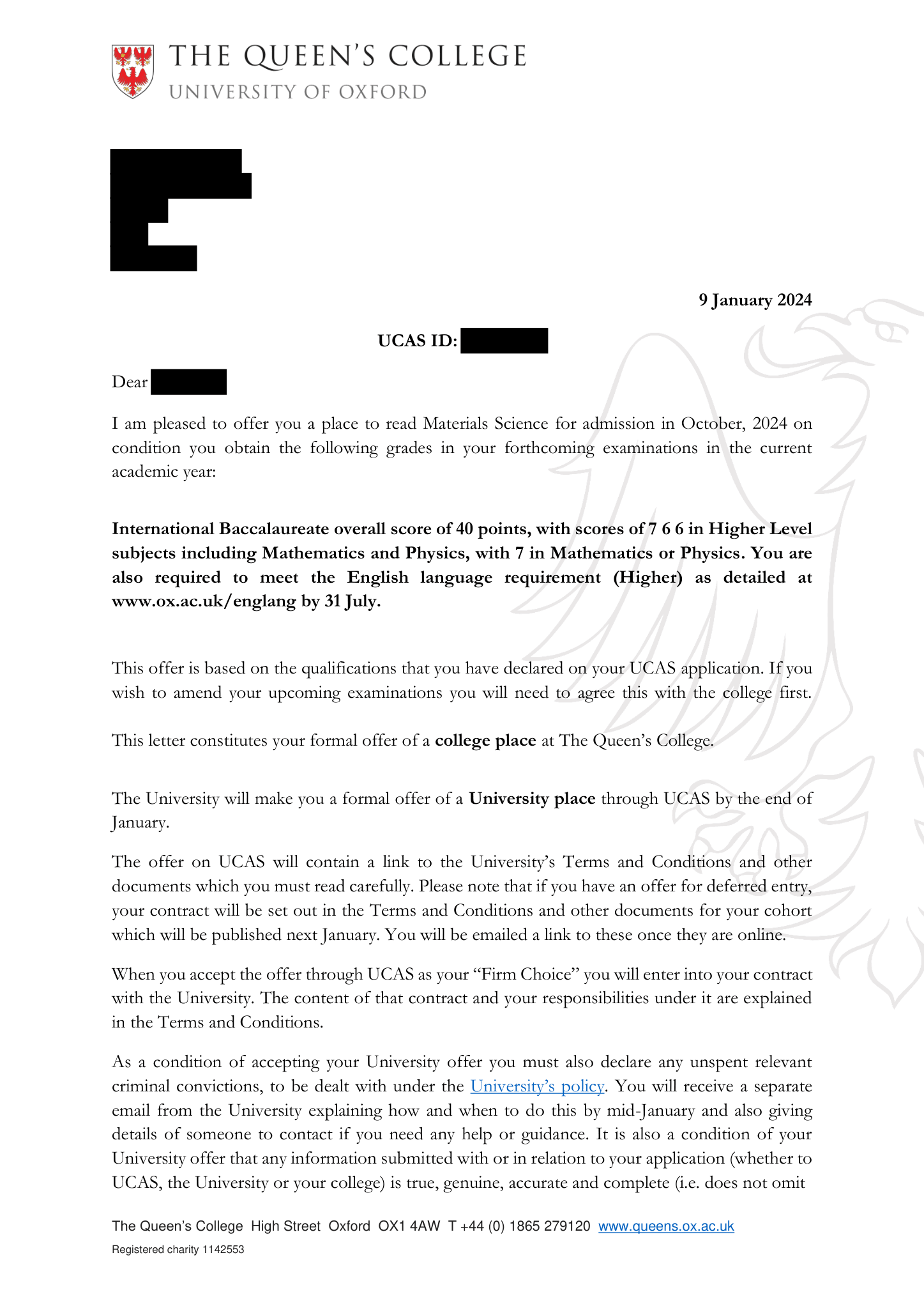 Conditional offer of admission, University of Oxford, Materials Science, BA, January 2024. Personal details redacted.