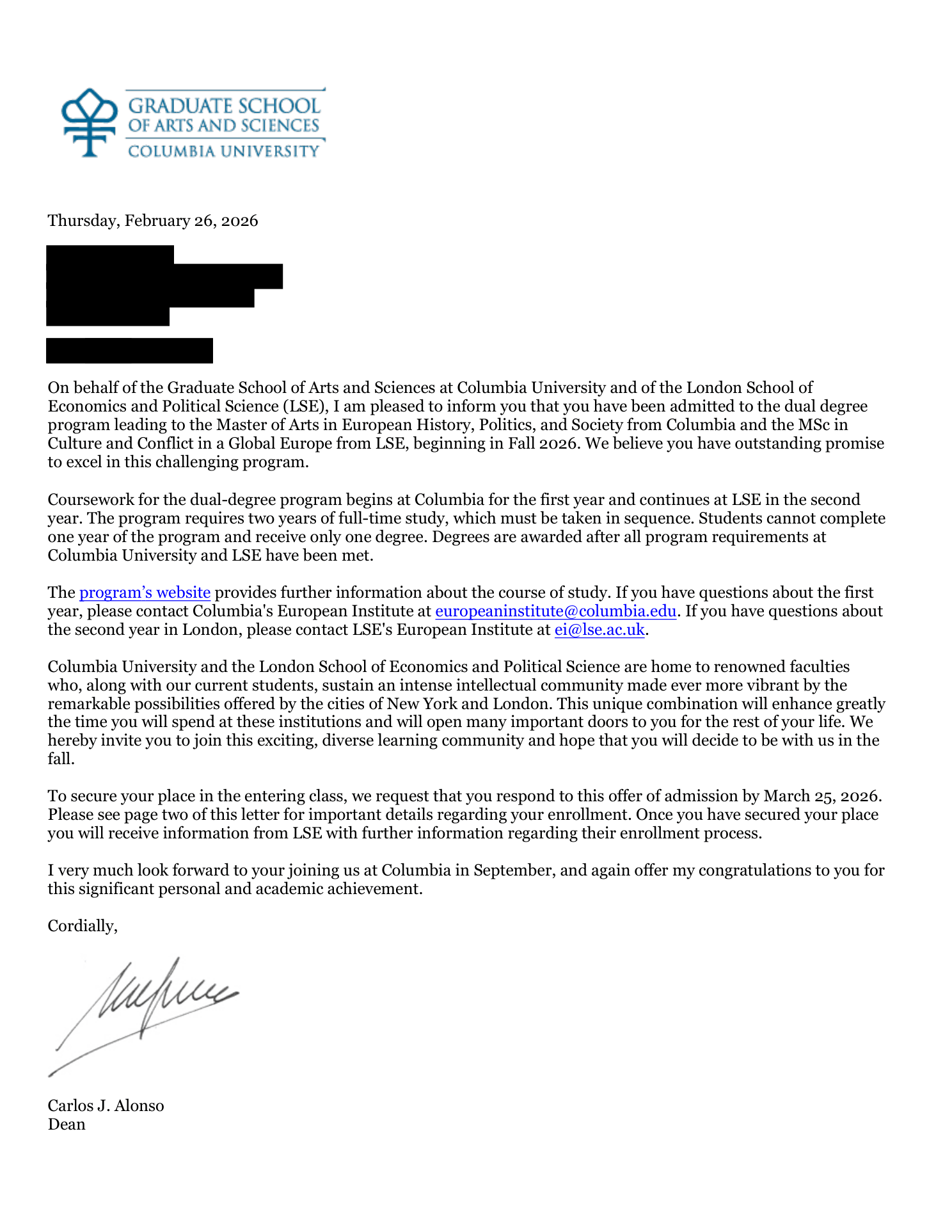 Conditional offer of admission, Columbia University · LSE, European History, Politics & Society — MA / MSc dual degree, February 2026. Personal details redacted.