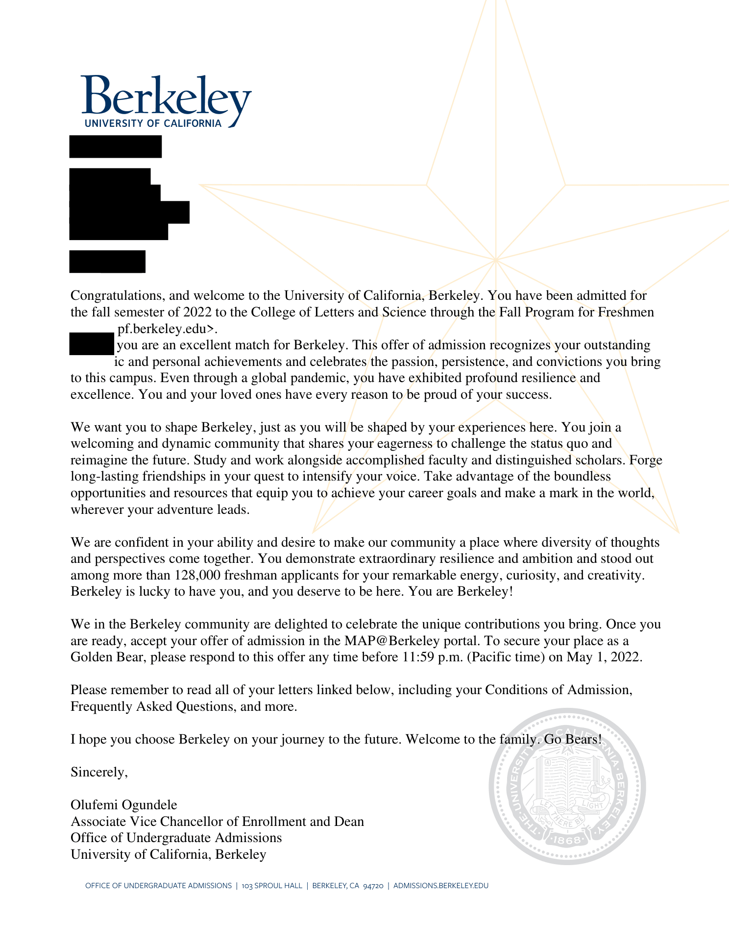 Conditional offer of admission, UC Berkeley, Fall Program for Freshmen, Fall 2022. Personal details redacted.