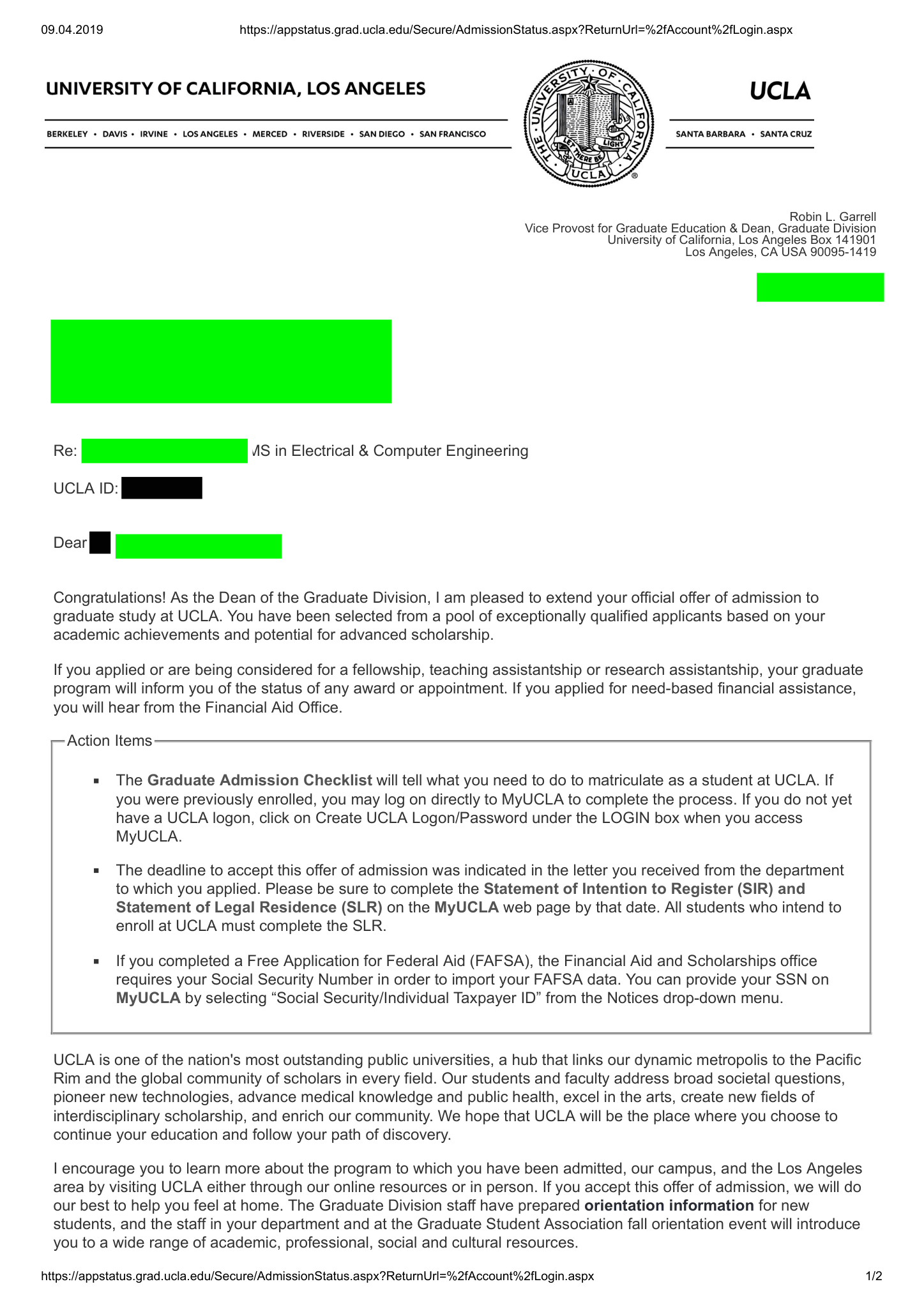 Conditional offer of admission, UCLA, Electrical & Computer Engineering, MS, April 2019. Personal details redacted.