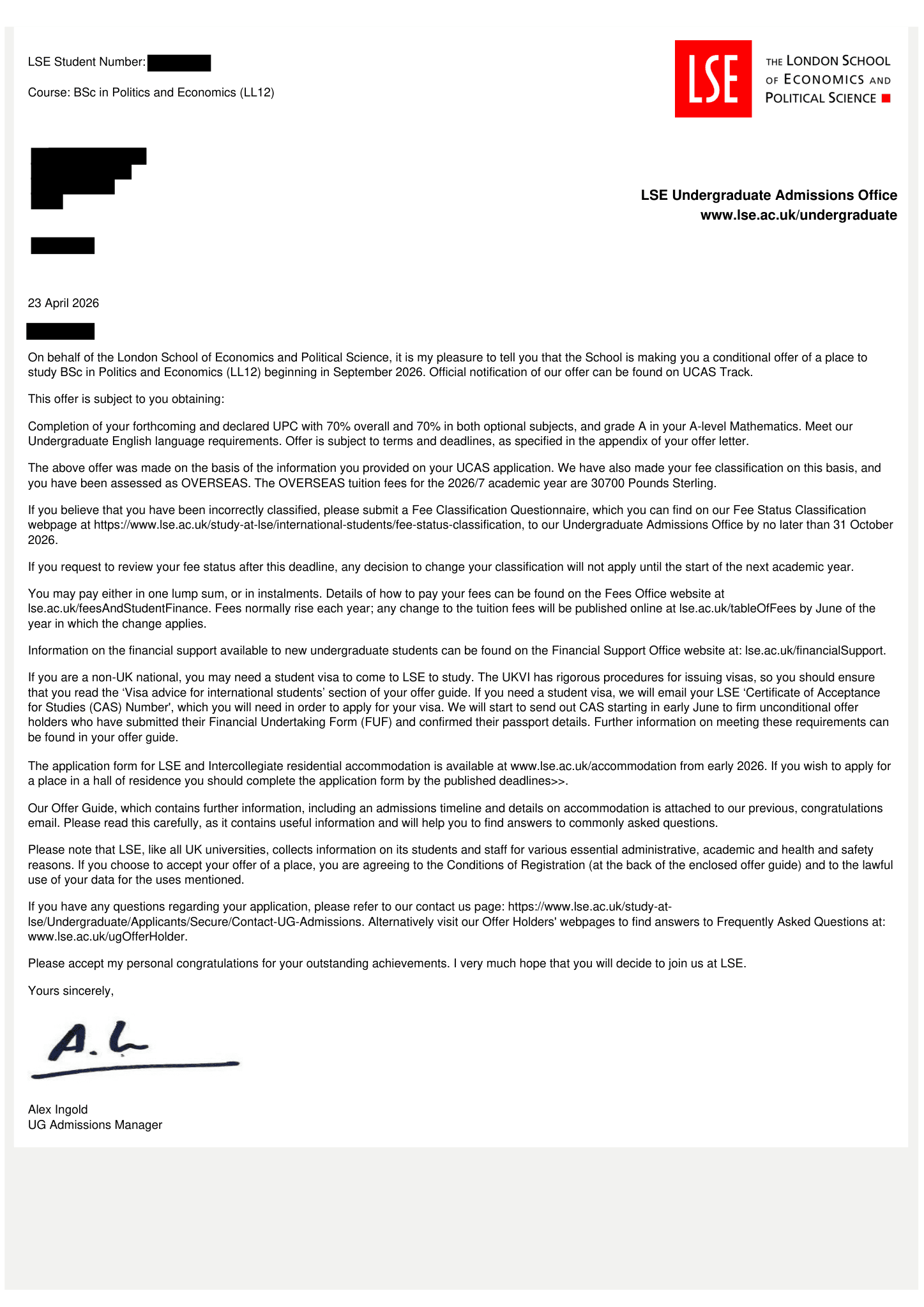 Conditional offer of admission, London School of Economics, Politics and Economics, BSc, April 2026. Personal details redacted.