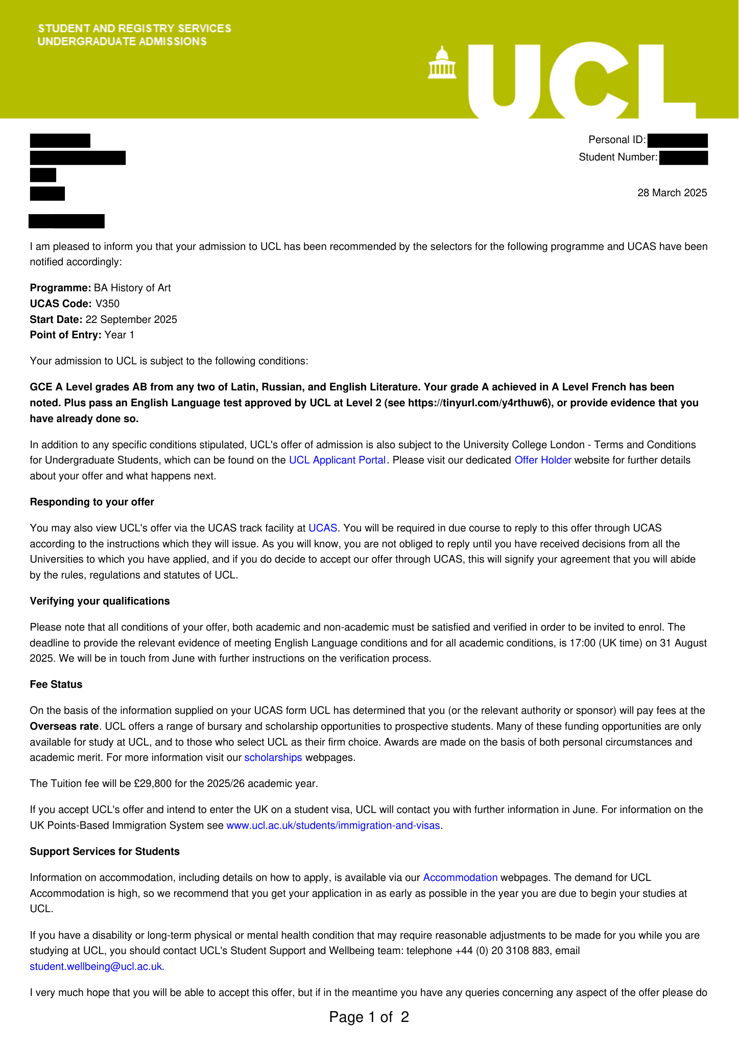 Conditional offer of admission, University College London, History of Art, BA, March 2025. Personal details redacted.