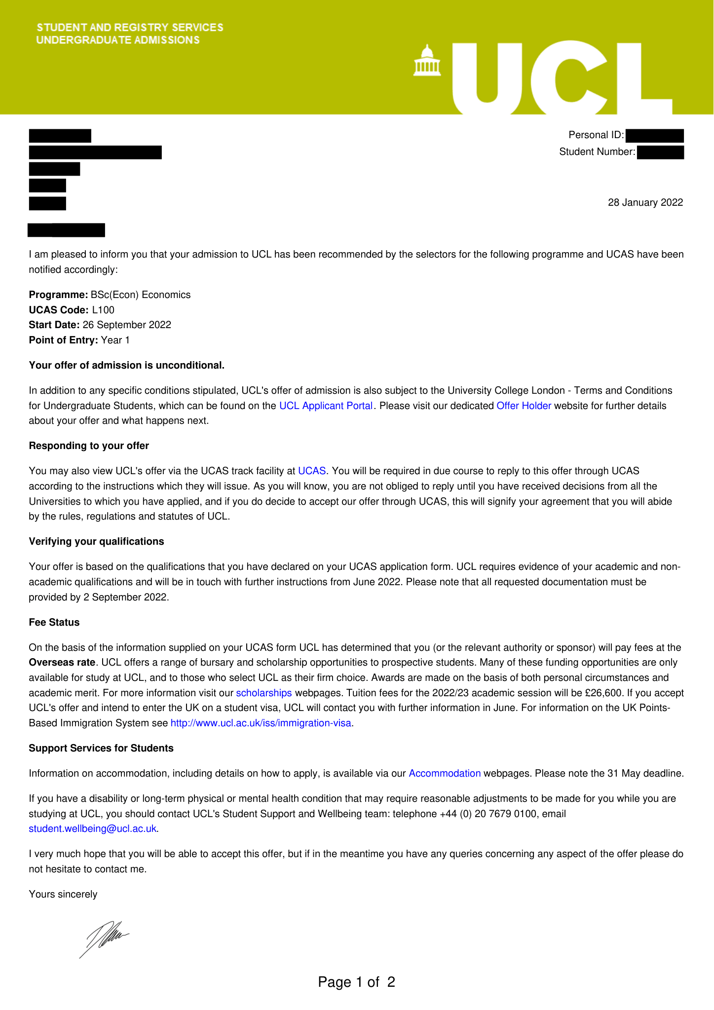 Conditional offer of admission, University College London, Economics, BSc(Econ), January 2022. Personal details redacted.