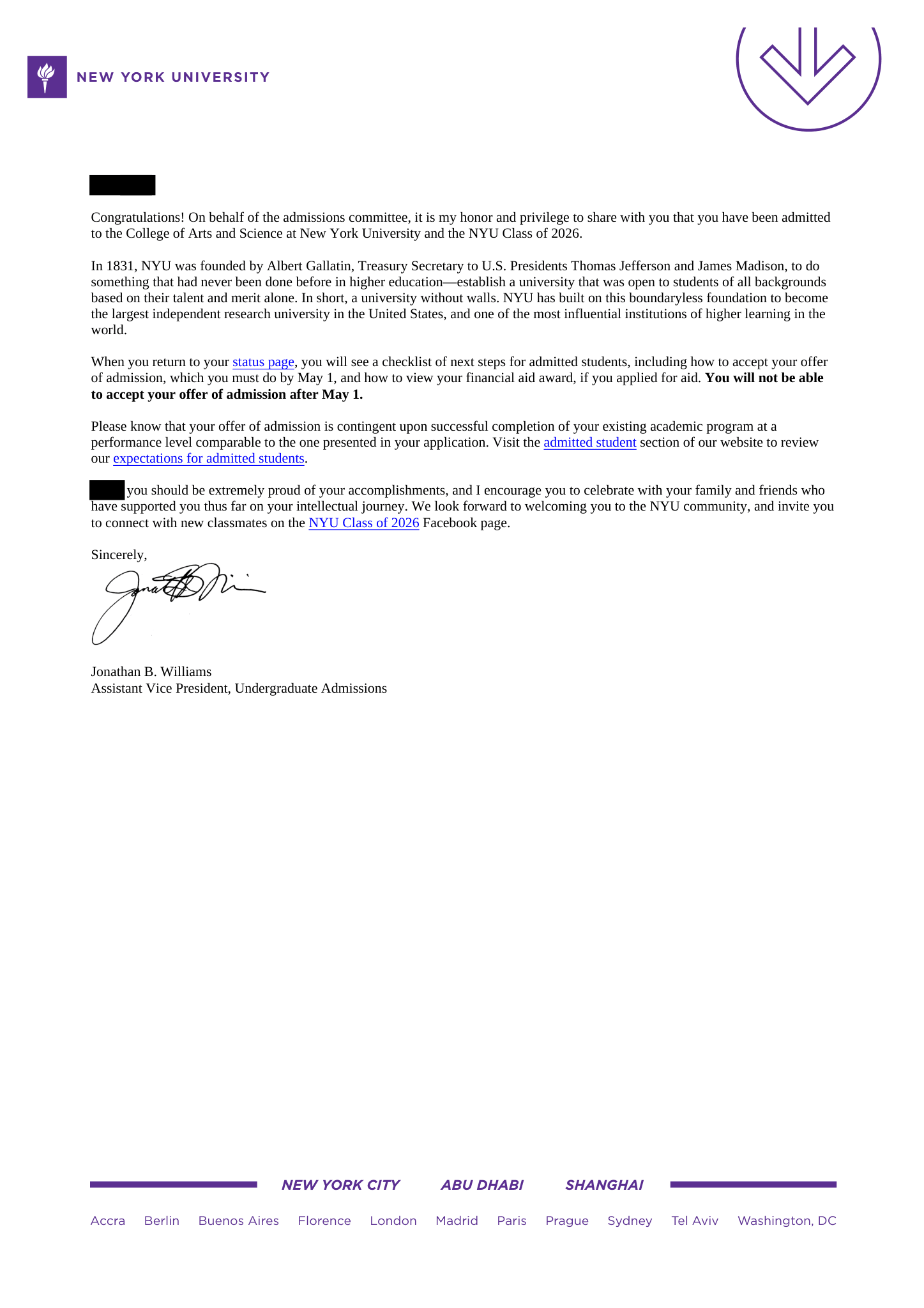 Conditional offer of admission, New York University, Class of 2026, Fall 2022. Personal details redacted.