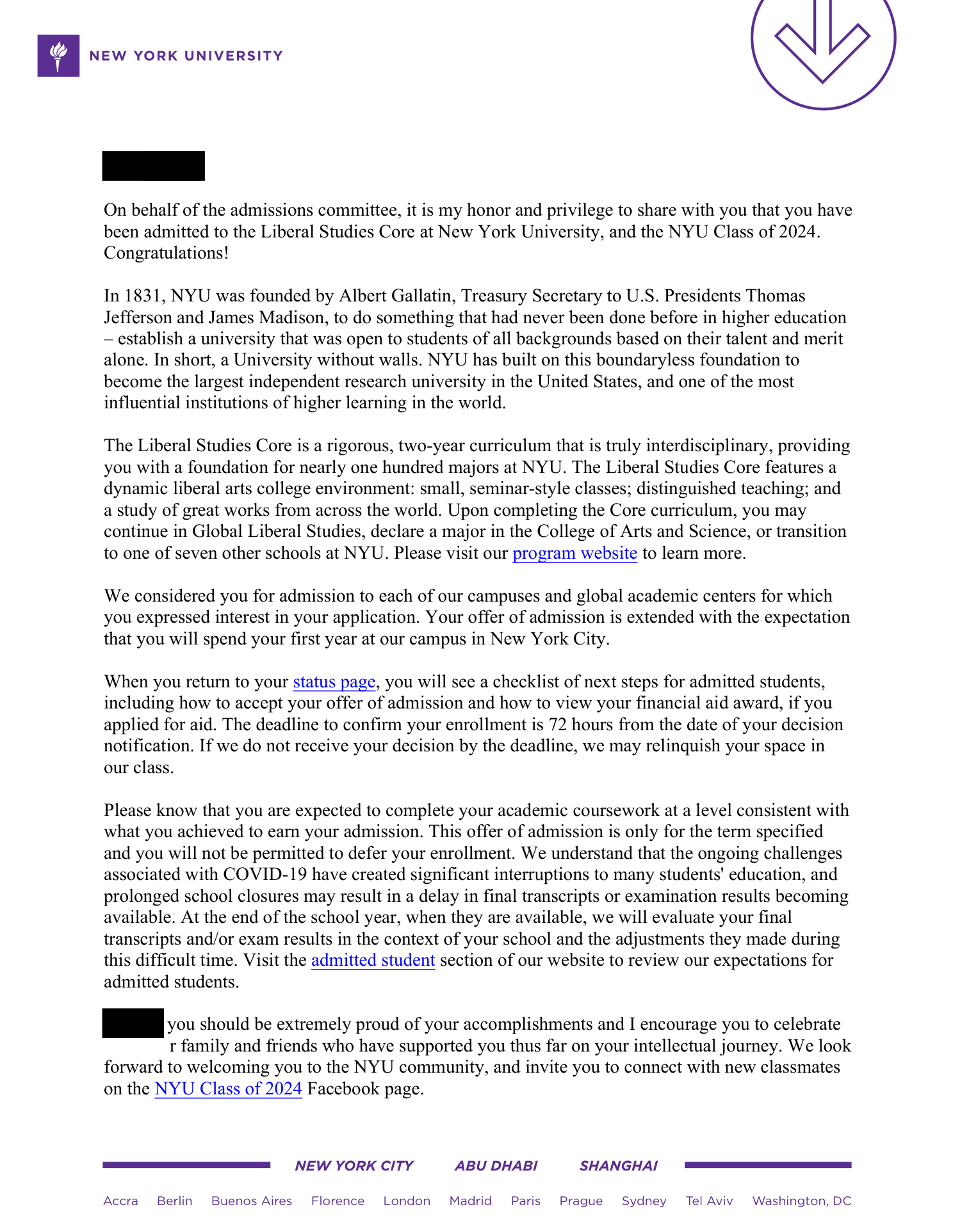 Conditional offer of admission, New York University, Class of 2024, Spring 2020. Personal details redacted.