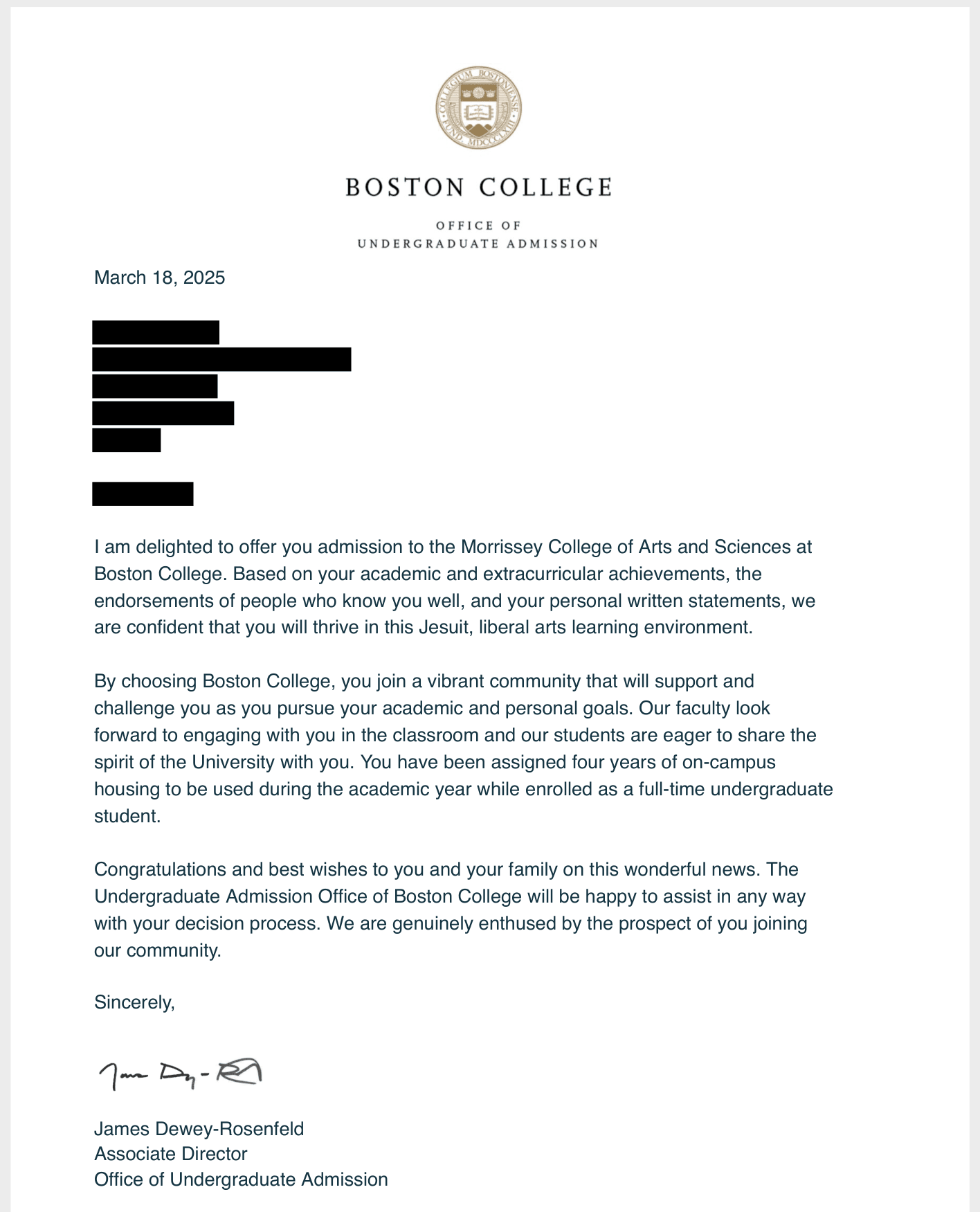 Conditional offer of admission, Boston College, Undergraduate admission, March 2025. Personal details redacted.
