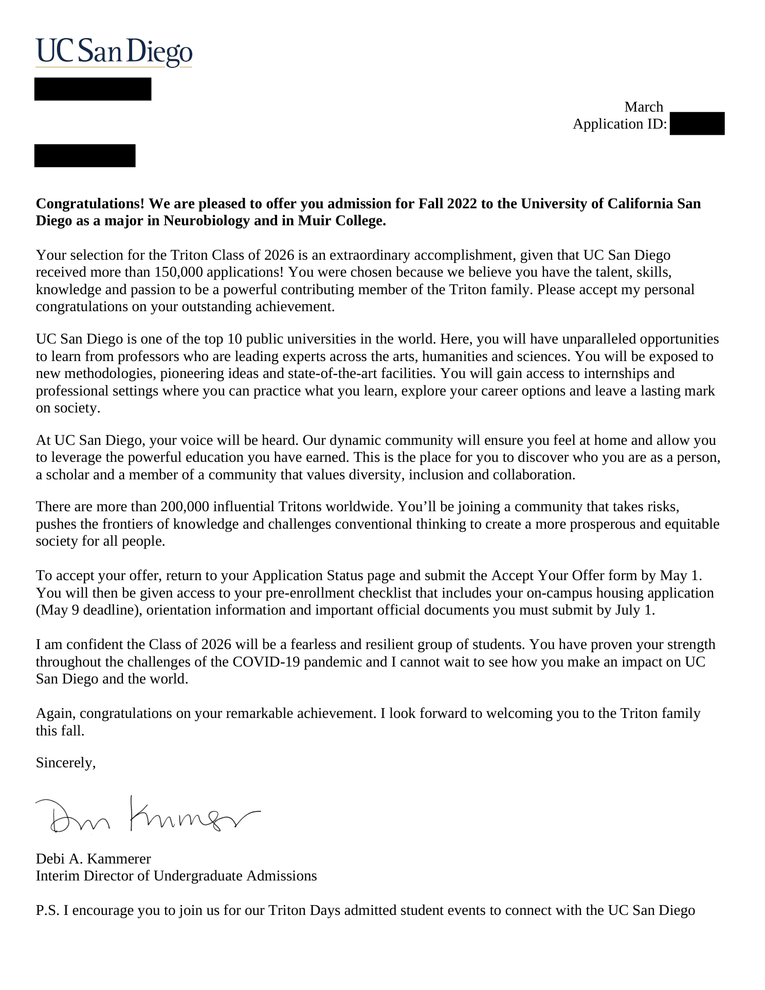 Conditional offer of admission, UC San Diego, Neurobiology, Fall 2022. Personal details redacted.