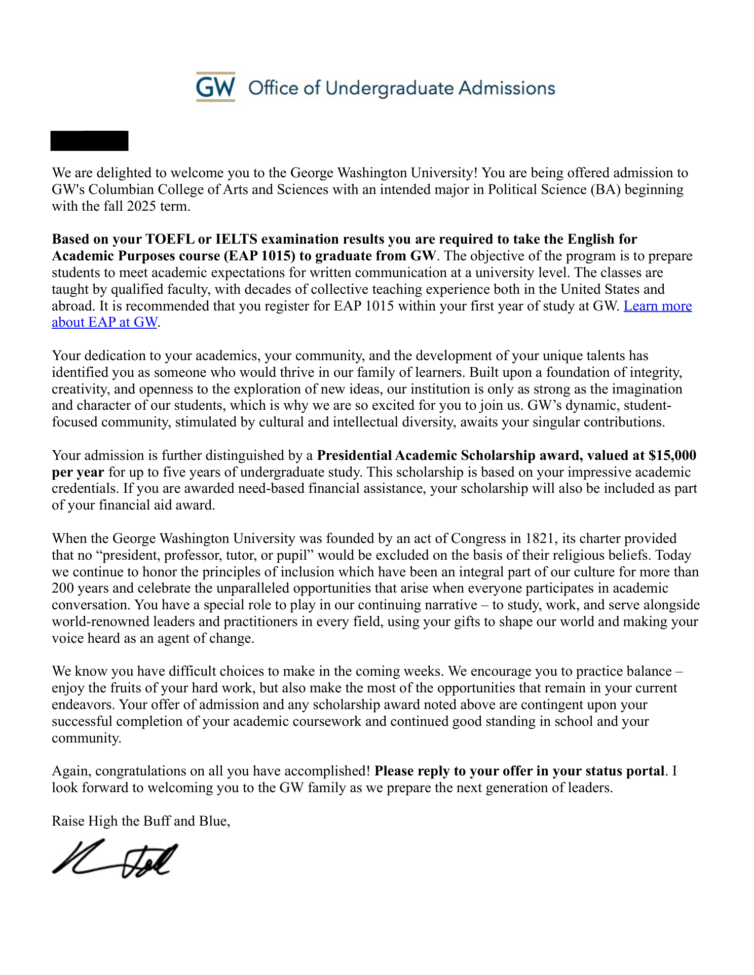 Conditional offer of admission, George Washington University, Political Science, BA — w/ Presidential Academic Scholarship, Fall 2025. Personal details redacted.