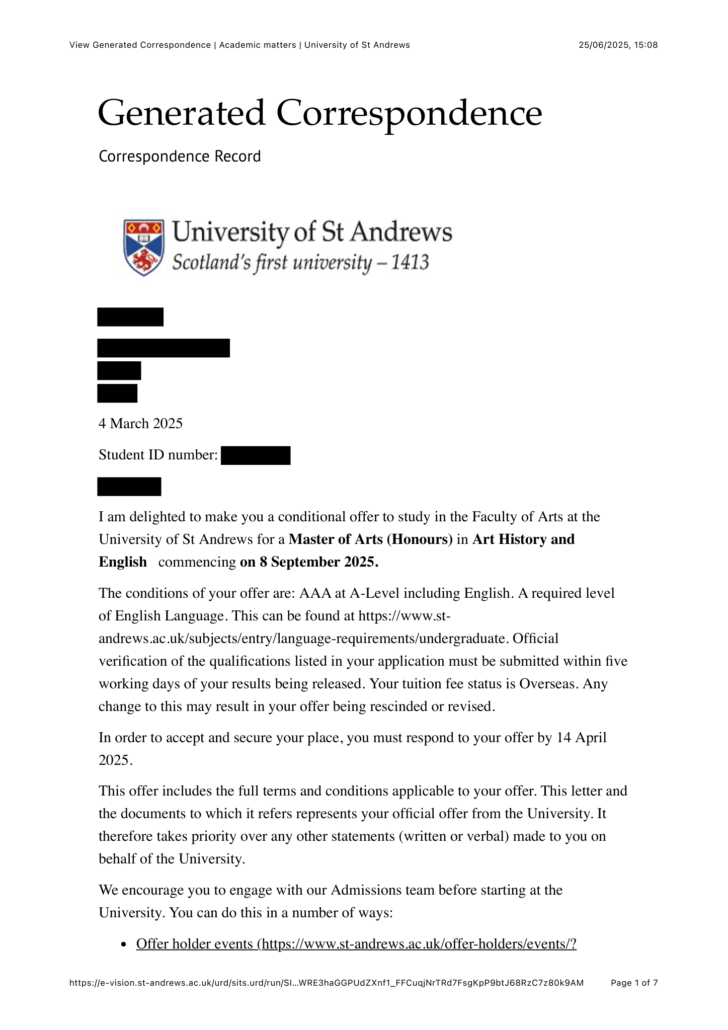 Conditional offer of admission, University of St Andrews, Art History and English, MA (Hons), March 2025. Personal details redacted.